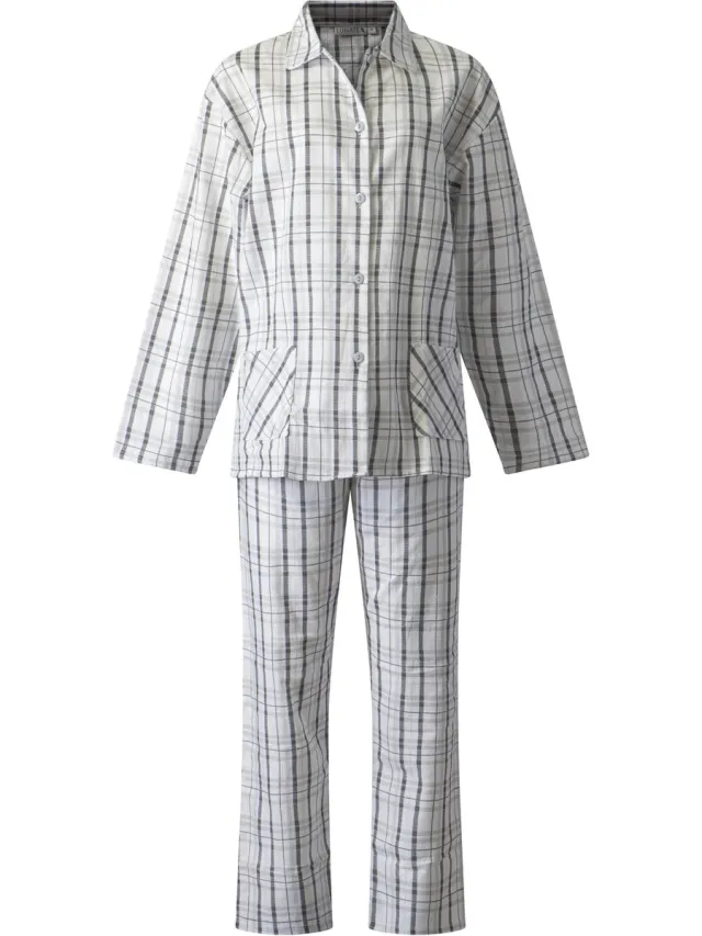 Lunatex klassieke dames pyjama 641776 - flanel - wit met zwart