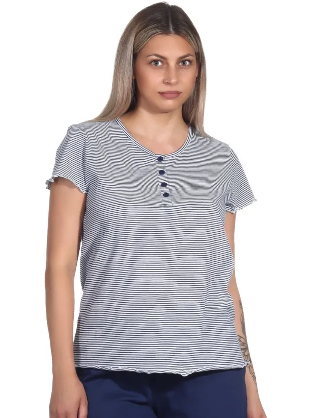 Normann Damespyjamashirt met korte mouwen mix & match in Stripe Optiek marine