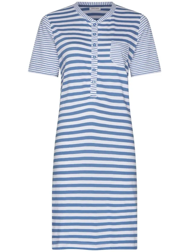 Pastunette Nachthemd - Stone Blue - Katoen - Blauw/Wit - Knoopsluiting