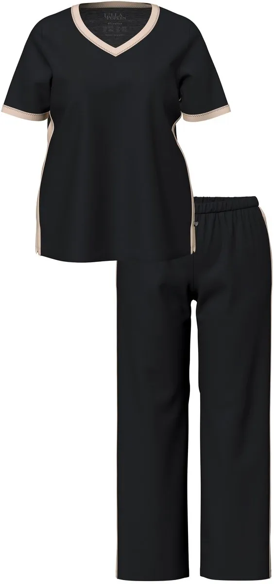 Ulla Popken Dames - Pyjama zijstrepen V-hals korte mouwen - Zwart - Maat 62+