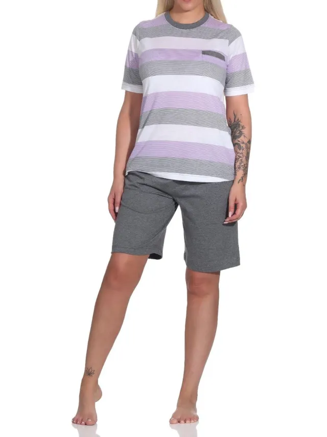 Normann Dames Capri Pyjama Korte Mouwen Blokstreep - Ook in Oversizes flieder