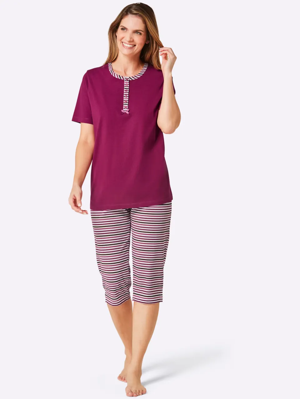 Capri-pyjama's malve + malve gestreept