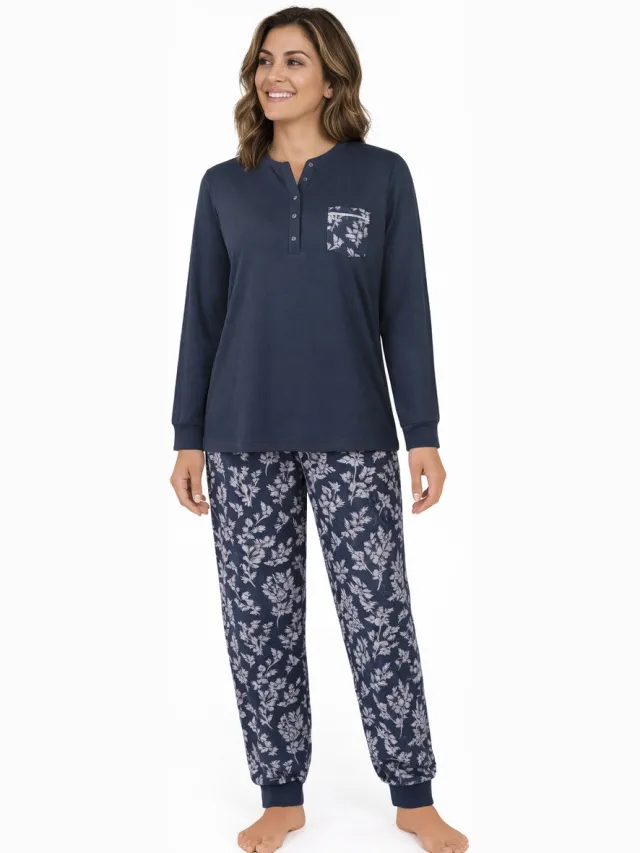 Lunatex Dames Pyjama - Winter - Interlock - uni top blauw uni top, blauw