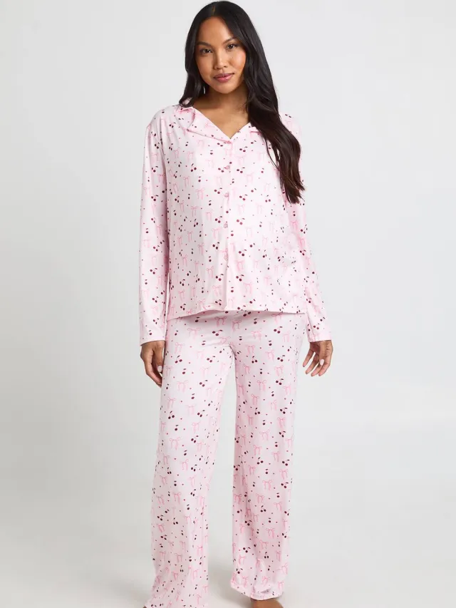 boohoo Dames Zwangerschaps Pyjama Set Met Strik En Hartjesprint Lange Mouwen Shirt & Broek Roze