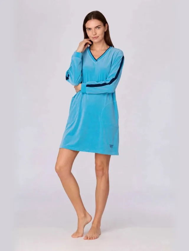 Woody slaapkleed dames velours - blauw - 262-15-TDB-V/824