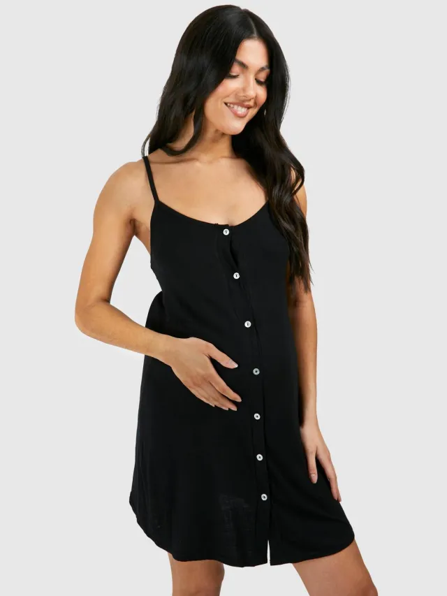 boohoo Dames Zwangerschapsnachtjapon met knopsluiting en bandjes Zwart