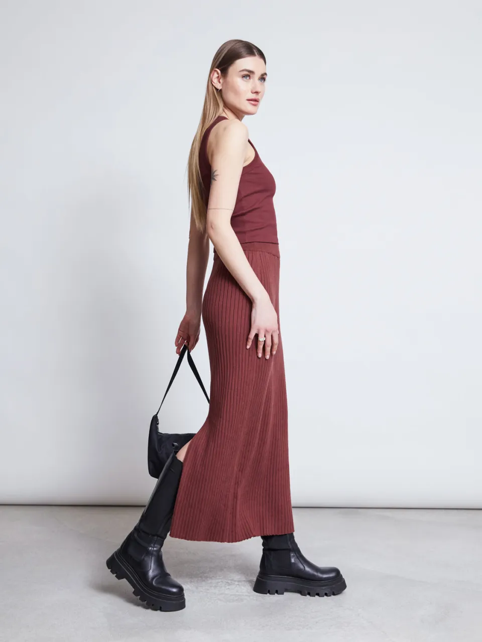 JAN N JUNE dames vegan Midi Gebreide Rok Ebba Intens Roest, foto 2