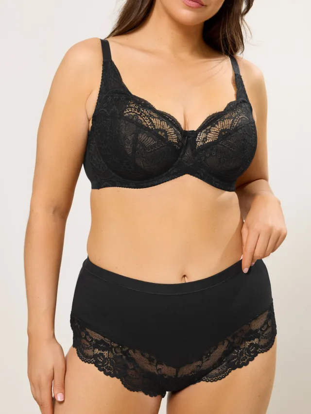 Yours Zwarte Glanzende Kanten Slips Met Volledige Dekking-52 Black
