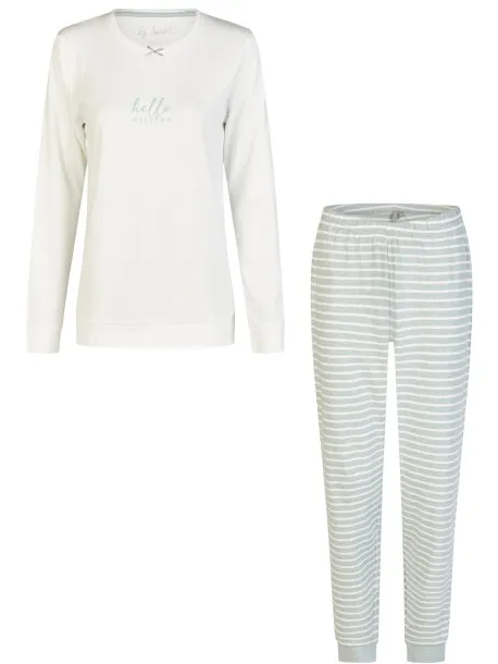 By Louise Dames pyjama set lang interlock wit/groen gestreept Veelkleurig