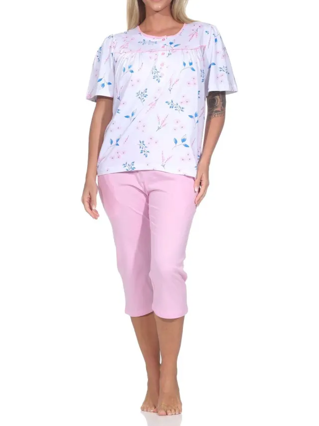 Normann dames vrouwelijke korte mouwen capri pyjama in klassieke look – ook in grote maten rosa