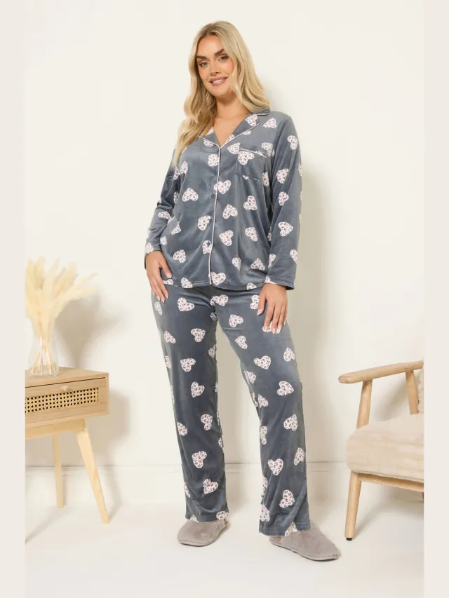 Yours Grijs Fleece Pyjamaset Met Dierenhartprint-56, foto 2