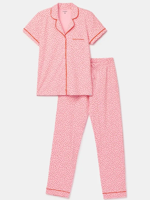 Woody pyjama dames doorknoop - roze - plantjes all-overprint - 261-10-PIS-Z/904