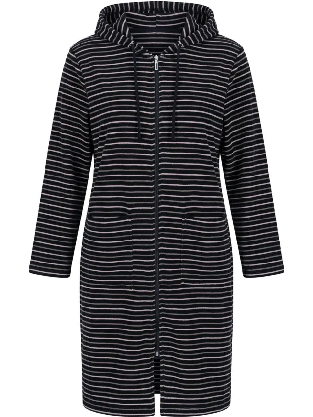 Ulla Popken Dames - Badjas strepen 2-weg zipper lange mouw badstof - Zwart - Maat 46+