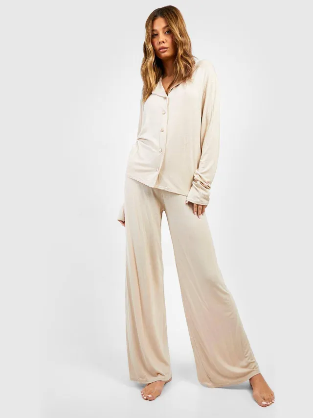 boohoo Dames Jersey Pyjama Broek met Wijd Uitlopende Pijpen steen, foto 2