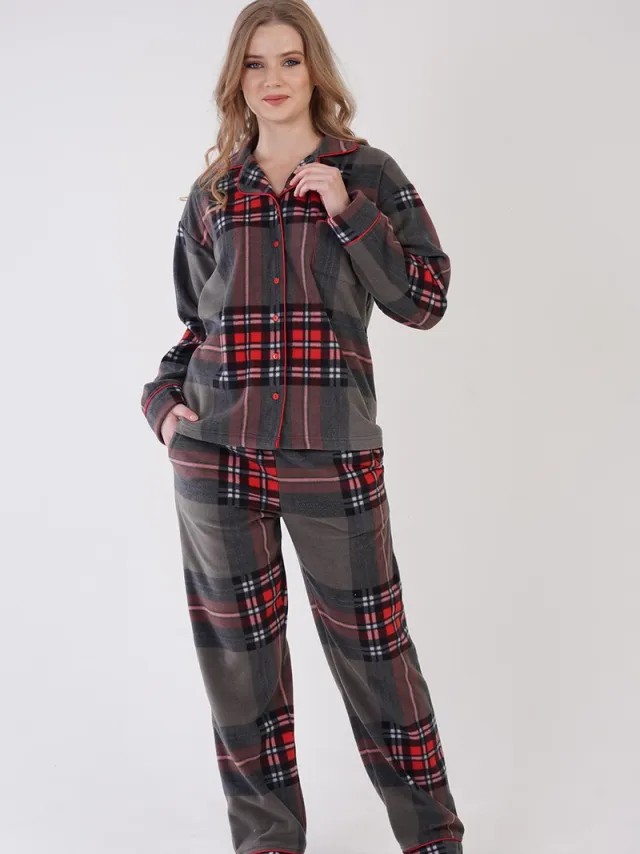 Vienetta Dames Fleece Pyjama Set, Lange Mouwen antraciet