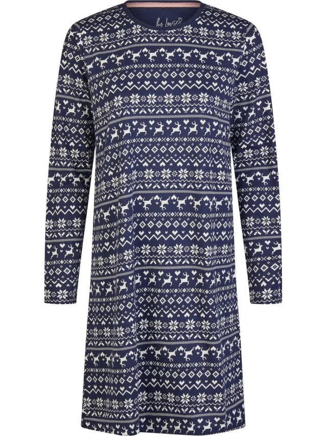 By Louise Dames Nachthemd Lange Mouw Winter Print Blauw