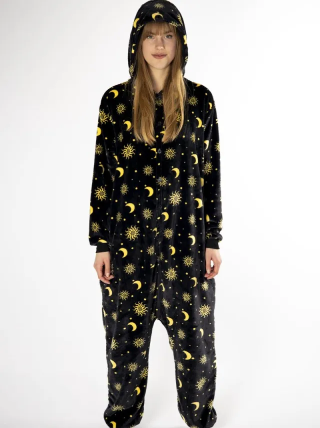 KIMU Onesie Maan Zon Sterren Pak-M of 158-164 - Maantjespak Kostuum Zwart - Huispak Maantjes Pyjama Zonnetjes Sterretjes Dames Heren Halloween