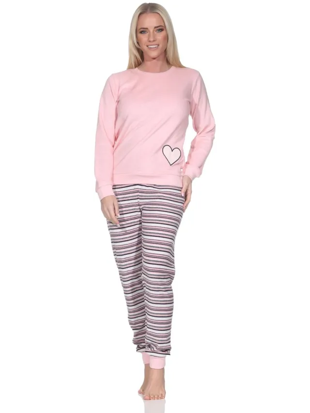 Normann dames badstof pyjama met manchetten, pyjama met hartmotief – ook in grote maten rosa