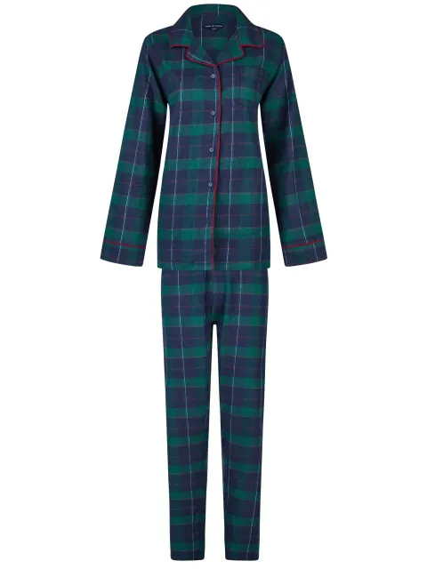 happy shorts Dames kerst pyjama set shirt + broek blauw/groen geruit flanel Veelkleurig