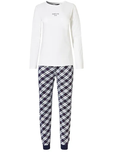 By Louise Essential dames pyjama set lang katoen geruit dream on Wit