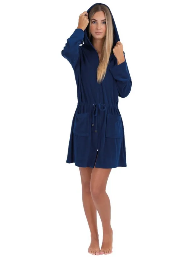 WeWo fashion Rits badjas sauna - dunne dames badjas zomer - dames badjas met ritssluiting - kort model met capuchon - sauna - lichtgewicht - donkerblauw
