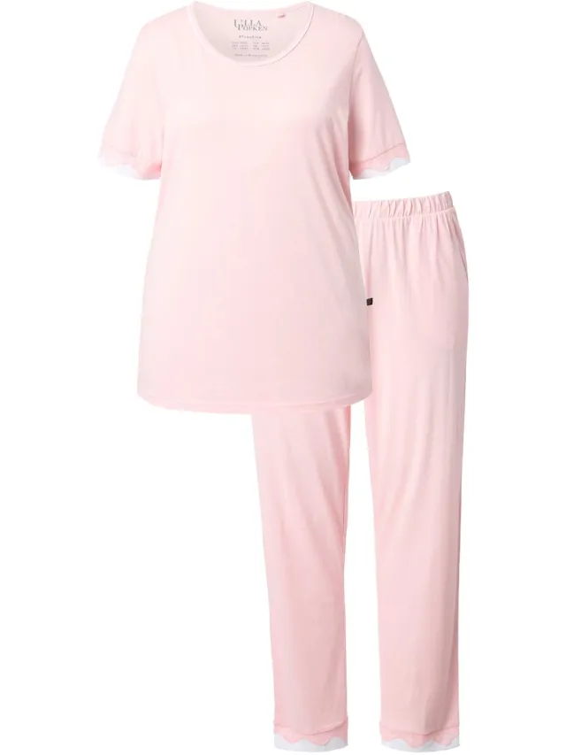 Ulla Popken Dames - Pyjama kanten randen ronde hals korte mouw - Sorbetroze - Maat 54+