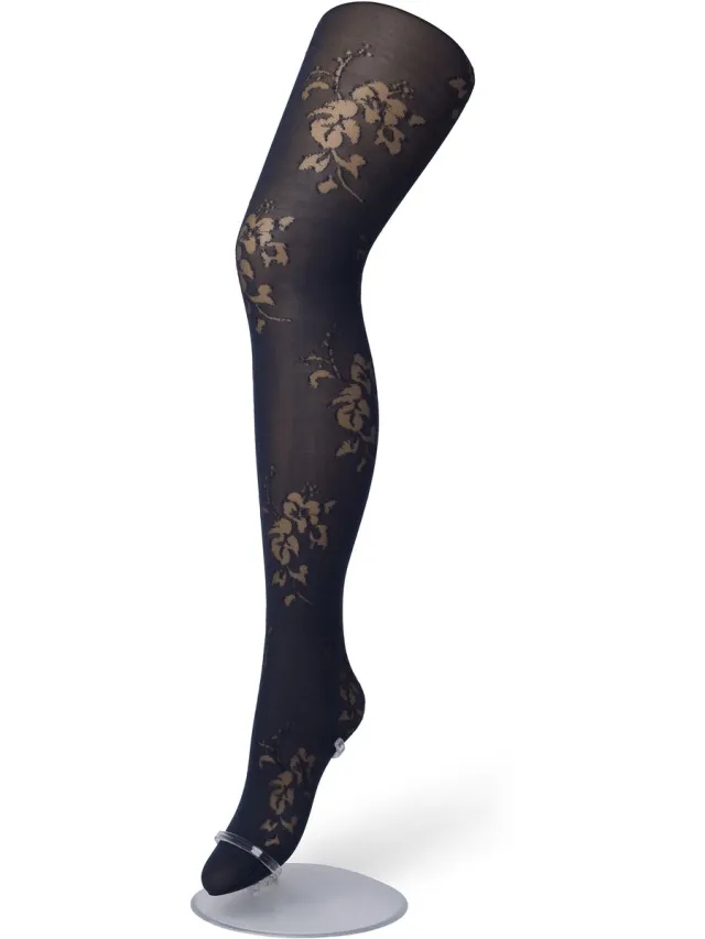 Bonnie Doon Panty 30 Denier met Transparant Bloemen Motief Zwart maat S/M 36/40 - Rozen Patroon - Bredere boord minder aftekening - Chique - Casual panty - Dames Panty Zwart - 30 Denier - Draagbaar - feestelijk -Bloemen Print - Black - BP201904.101