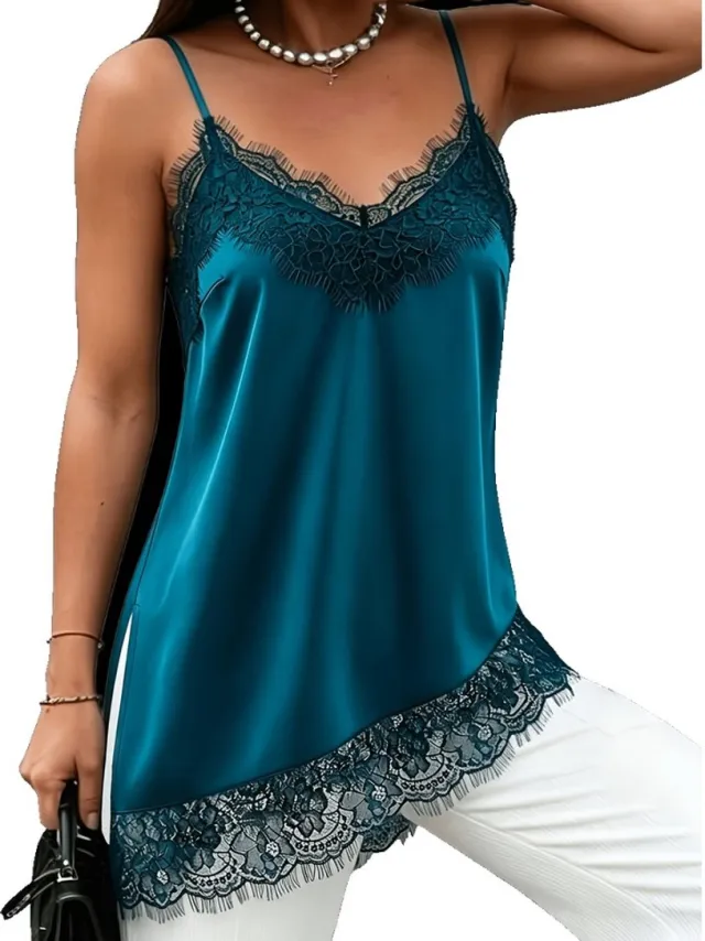 Currero Top Met Kant Dames - Topje - Kleding - Shirt - Blouse - Kort - Volwassen - Donker Cyaan