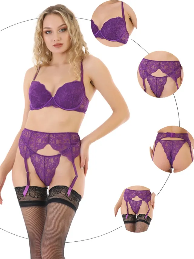 Purple-Daisy Colors Sexy Kanten Lingerie Setje voor vrouwen | 5 Delige Set | Voorgevormd met beugel Push up BH + string + kanten jarretel + 1 paar kousen + 1 paar visnet kousen - PAARS - PAARS