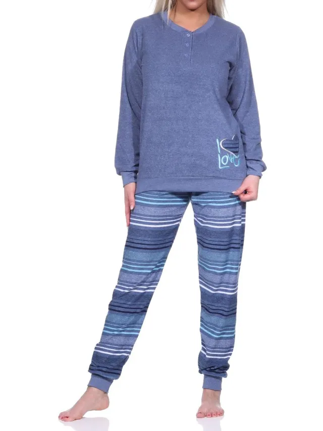 Normann Dames badstof pyjama lange mouw met manchetten - broek gestreept - ook in overmaten blau-melange