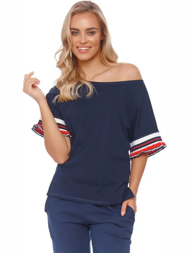 Doctor Nap Katoenen Pyjama met Frullen Dames Volwassenen Navy PM.4503 Blauw