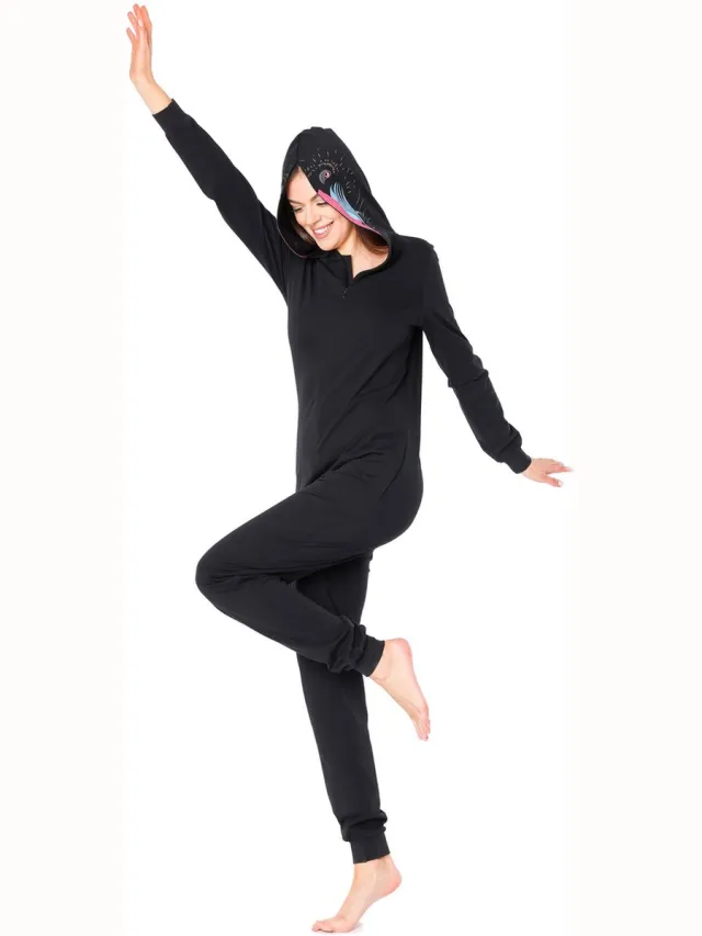Ladeheid Dames Overal slapen Pyjama - met Capuchon - Lange mouwen - Lange broek - Katoen - LA-LA40-234-PJ - Zwarte Pavian
