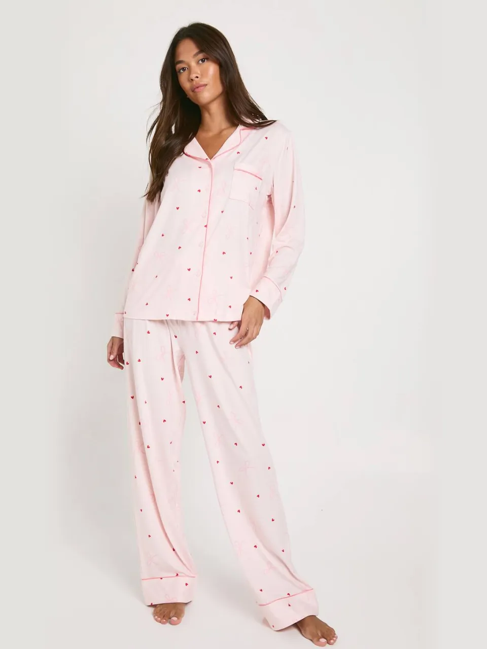 boohoo Dames Super Soft Bow & Heart Trouser PJ Set lichtroze, foto 3