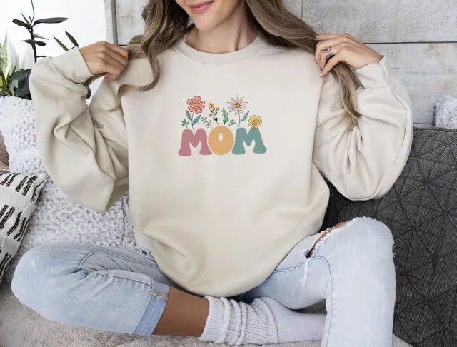 Gildan Beige Oversized Sweater voor Vrouwen - Mom Print met Bloemen - Medium - Comfortabele Trui - Perfect Cadeau voor Moeders