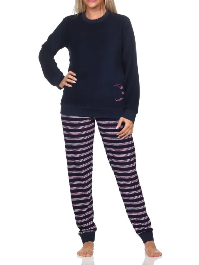 Normann damespyjama badstof met lange mouwen en manchetten - pyjama ook in oversize marine1