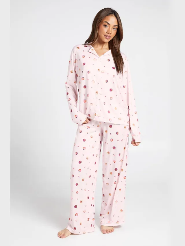 boohoo Dames Pyjama Set Met Acai Bowl Print, Shirt Met Lange Mouwen En Broek Baby Roze