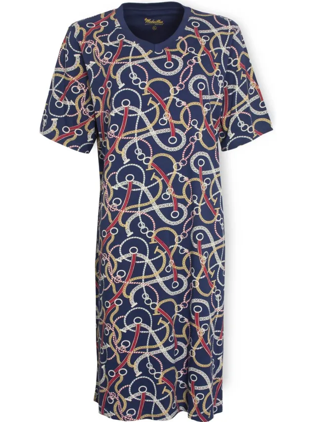 Medaillon Dames Nachthemd - Katoen - Geprint Dessin - Blauw