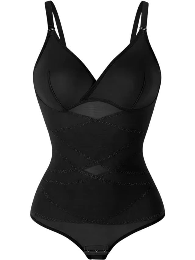 rimmo Dames corrigerende bodysuit buikcontrole shapewear – Full Body Shaper met V-hals, ademend mesh ondergoed & butt lifter - Zwart