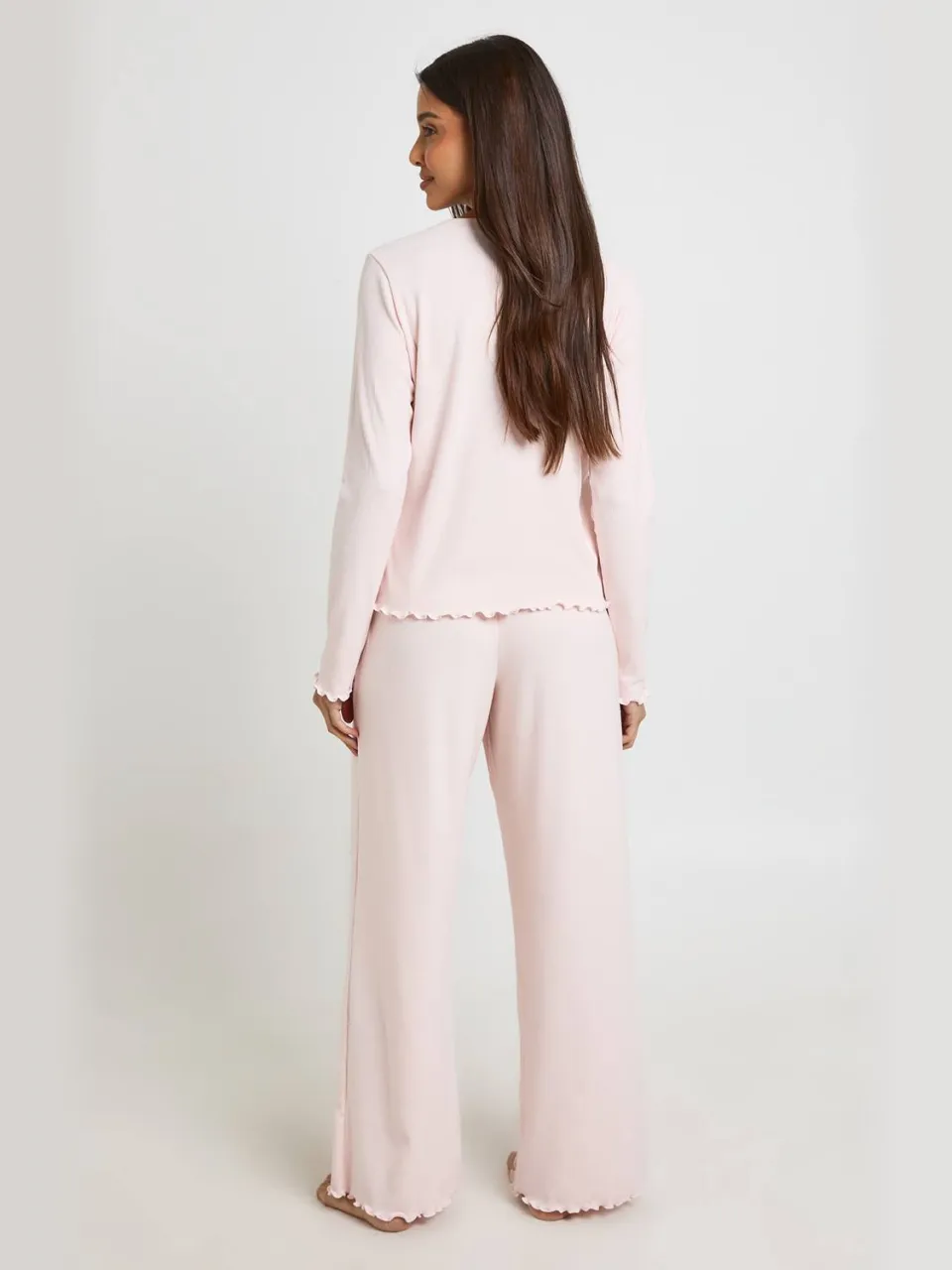 boohoo Dames Pyjama Set Met Geribbelde Top Met Lange Mouwen En Broek Met Slaboordjes baby roze, foto 2