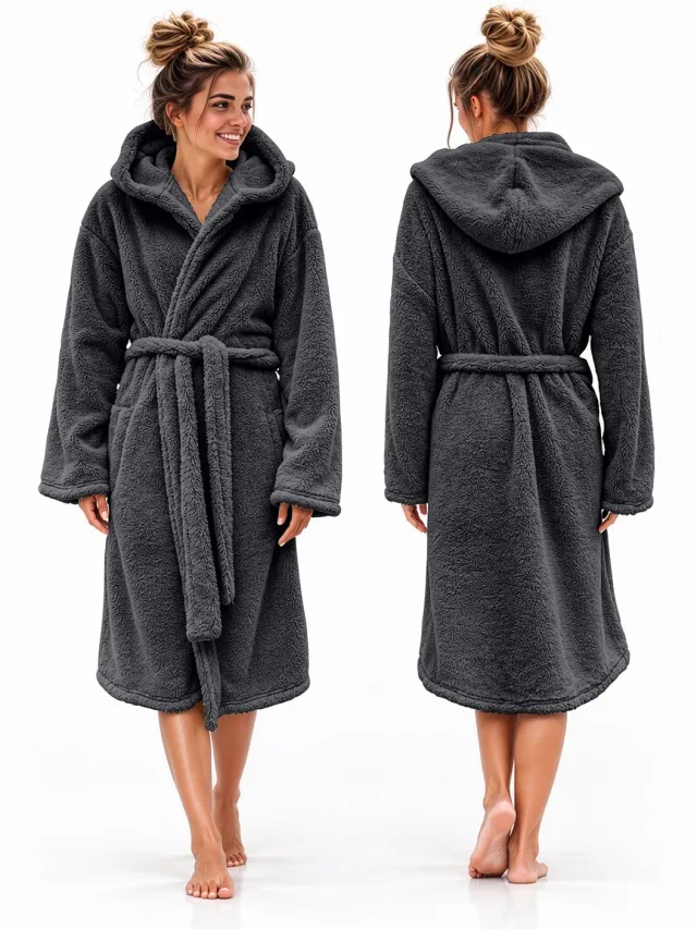 LINNICK Teddy Fleece Badjas met Capuchon inclusief Teddy Tas - Dark Grey - M - Badjas Dames - Badjas Heren Antraciet