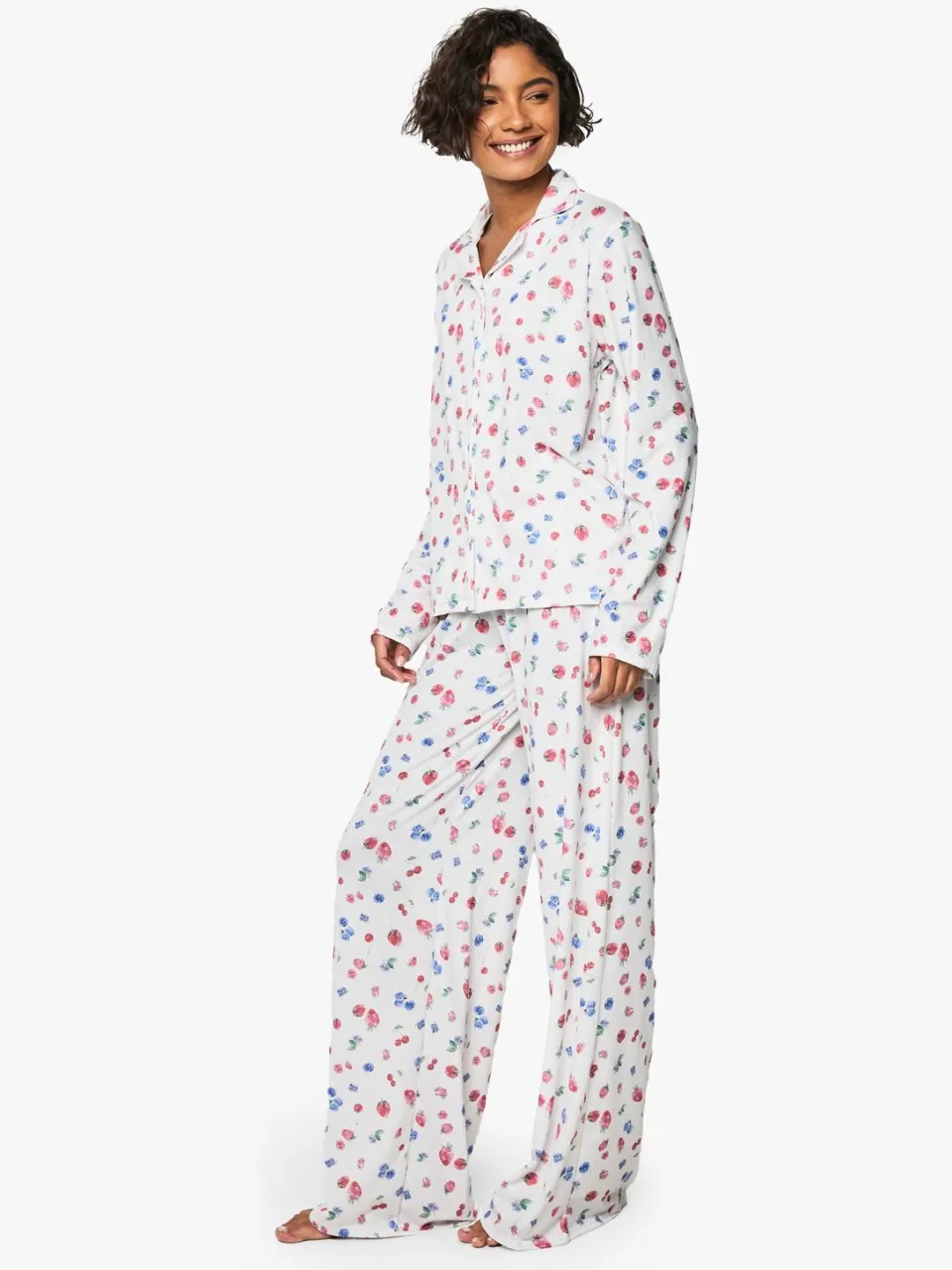 boohoo Dames Hoge Fruitprint Pyjama Set met Lang Mouw Overhemd en Broek voor Lange Personen wit, foto 2