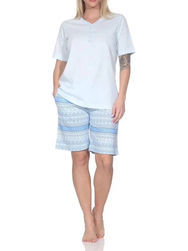 Normann dames pyjama shorty met korte mouwen in Ethnolook - Ook in oversizes hellblau1