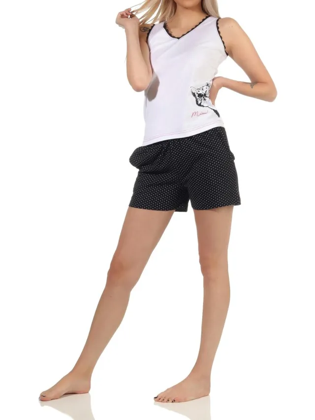 Normann Dames onderarm shirt shorty pyjama tank top met kat motief, broek in polka dot look weiss