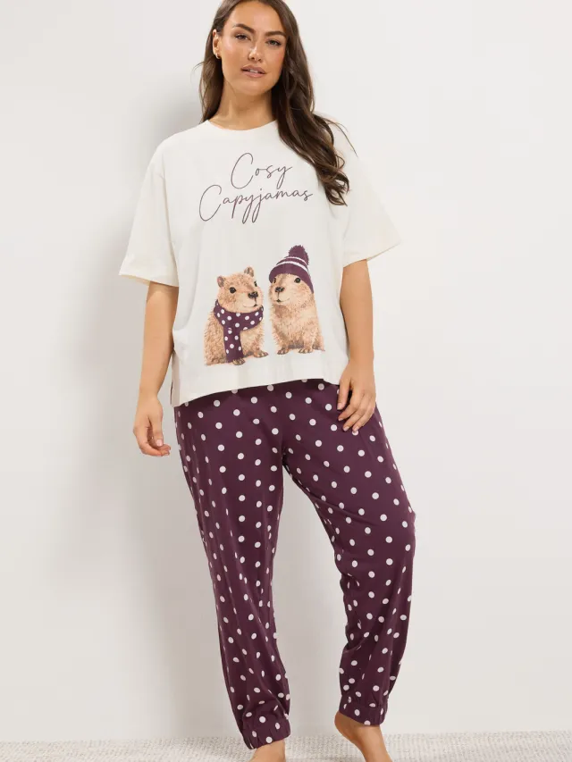 Yours Ivoorwitte Capybara Pyjamaset Met Stippen En Boorden-64 White