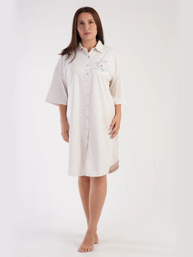 Vienetta Grote Maten Dames Nachthemd, Driekwart Mouwen - 1XL Beige