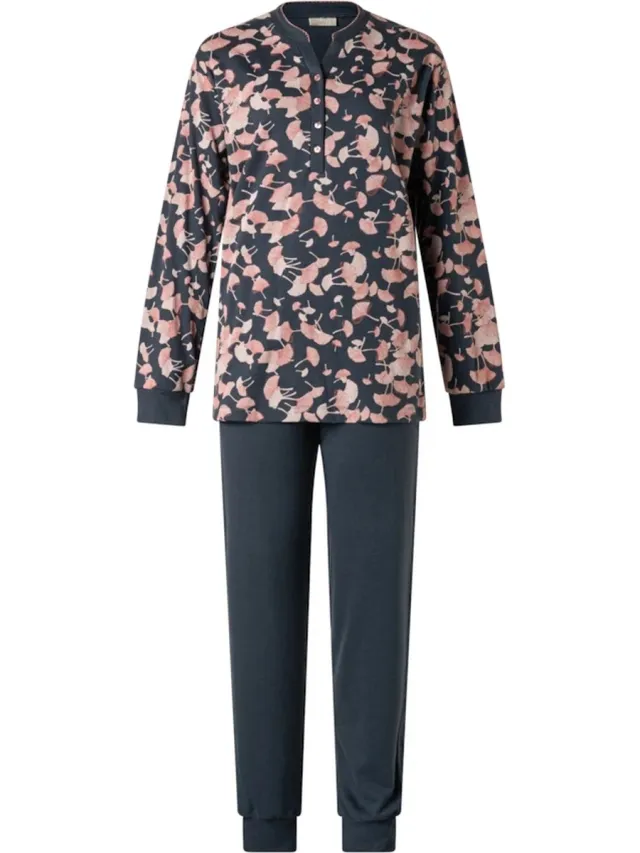Lunatex dames pyjama extra dik van binnen aangeruwd 124201 print-top navy blauw
