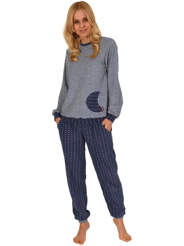 Normann Dames Badstof pyjama met manchetten in polka-dot en streepmotief - ook in overmaten Ringel