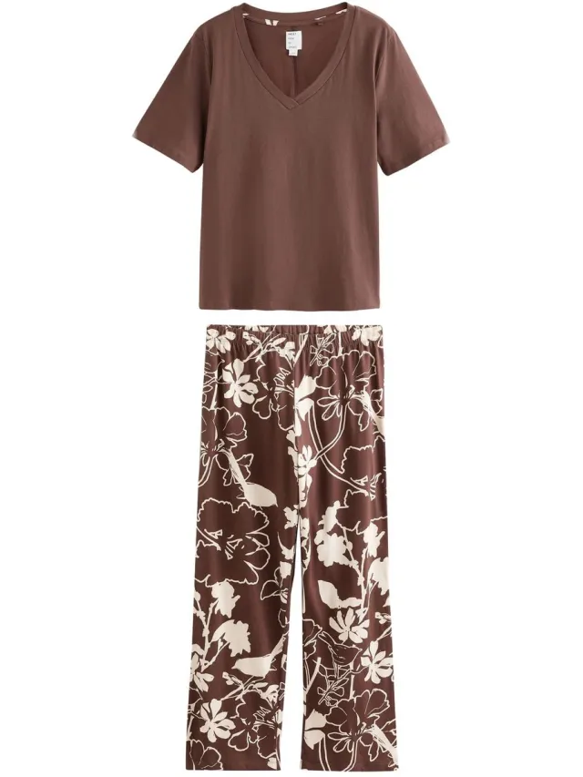Next Dames - Petite pyjama met korte mouwen - Petite - Bruin Chocolate Brown Floral