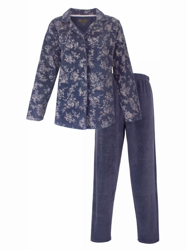 Medaillon Dames Pyjama - Velours - Doorknoop - Donker Blauw