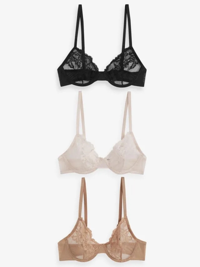 Next Dames - Set van 3 kanten beha's (E76841) zonder vulling met volledige cups - Zwart